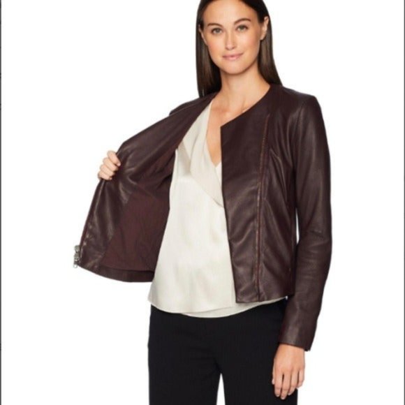 VINCE Asymmetric Zip Lamb Leather Black Cherry Biker Jacket (Women's Small) - Picture 3 of 6